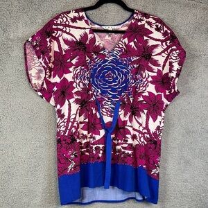 CAbi #193 Floral White Pink Front Tie Tunic Blouse